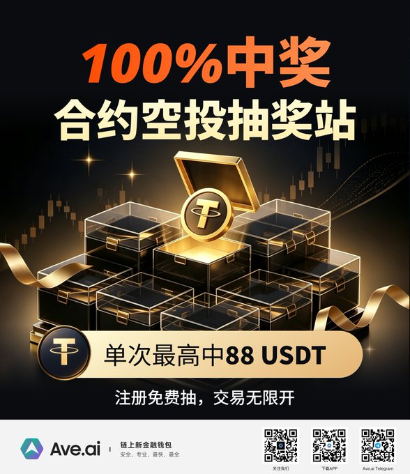 A Chinese-language Ave.ai promotional poster reading "100%中奖 合约空投抽奖站" and "单次最高中88 USDT, 注册免费抽，交易无限开," depicting golden treasure chests with a T-token and trading charts in the background.