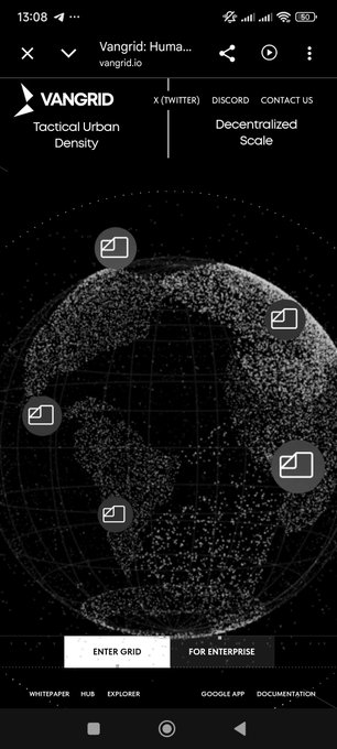 A mobile screenshot of the Vangrid website (vangrid.io) showing a 3D globe with grid markers and text reading 'Tactical Urban Density' and 'Decentralized Scale', with buttons for 'ENTER GRID' and 'FOR ENTERPRISE'.