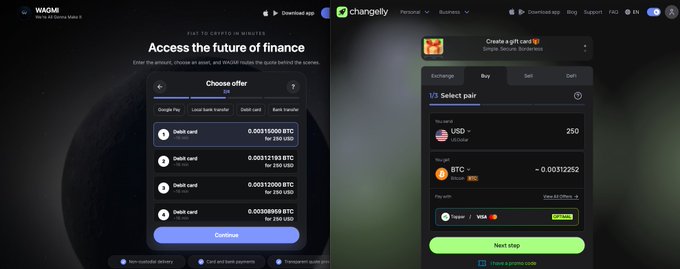 The image shows a screenshot of two different websites or applications related to cryptocurrency. The left side displays a page with a green header that says "Access the future of finance" and features a list of options for users, including "Native Crosschain", "Native DeFi So good to see projects in the eco stepping up and leveraging the powerful tools @vultisig, @THORChain and @RujiraNetwork has created". The right side shows a page with a black header that says "Select the option you want" and features a list of options for users.