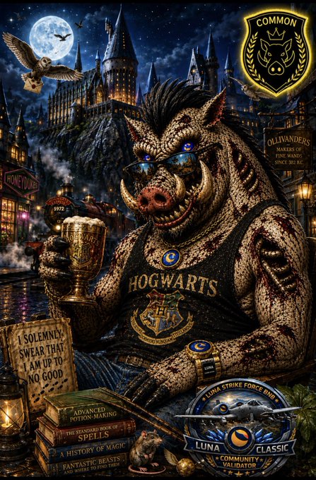 The image features a cartoon pig wearing a black tank top with "Hogwarts" written across it, holding a beer mug and surrounded by various objects such as books and a sword. The background of the image shows a castle or castle-like structure, suggesting that this scene takes place in a fantasy world.

The post includes text that reads: 
"Thanks for the Potter Universe hog! @_JCH01 $lunc #lucab #luna #common". This message is related to the cartoon pig and its surroundings, possibly indicating that the image was created as part of a Harry Potter-themed project or event.