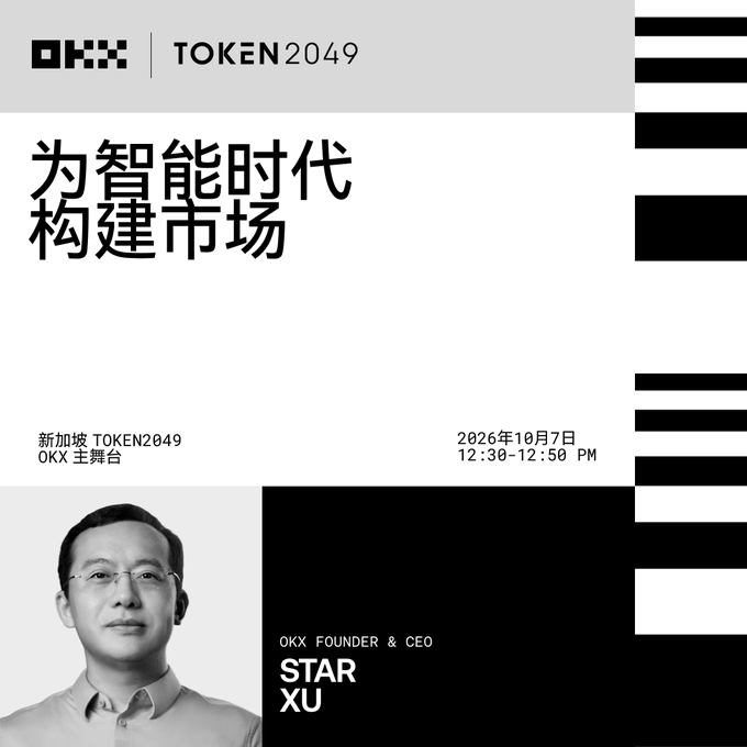 A black and white promotional poster for 'TOKEN2049' features the OKX logo, the Chinese text '为智能时代构建市场', the date '2026年10月7日', and a black-and-white portrait of 'STAR XU', OKX Founder & CEO.