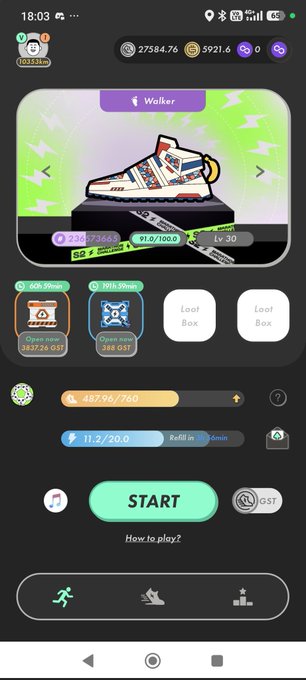 A mobile app game screen displays a "Walker" sneaker available to open at Level 30 for 236/366 points, with a loot box showing 388 QST below it, and a green "START" button alongside 48/60 energy and 11.5/20 stamina indicators. The matching post references pulling 100 times on a "Mystery 1" challenge using original stones, achieving 32 successes.