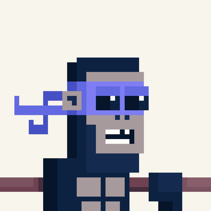 A pixel art illustration of a character with a purple bandana and sunglasses, with a stylized purple symbol or weapon on the left side against a beige background.