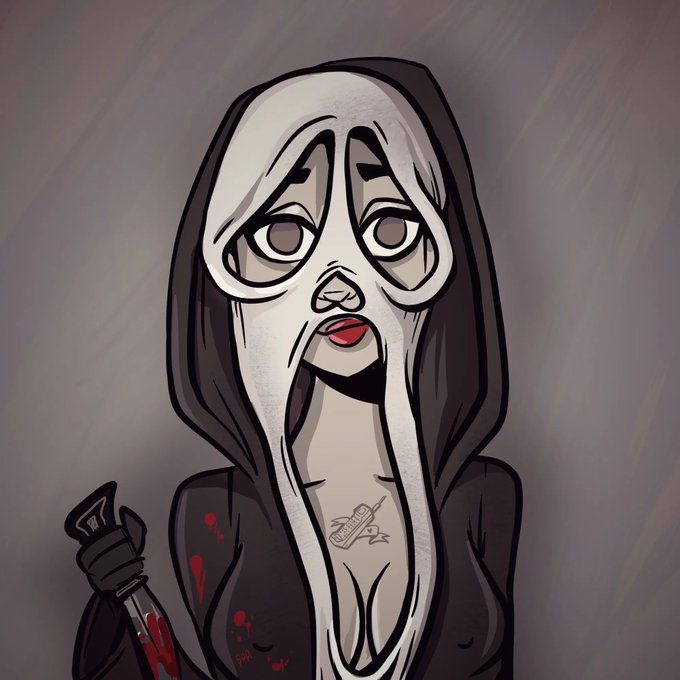 A cartoon illustration of a pale, sad-looking woman with long black hair, red lipstick, and a chest tattoo, holding a blood-covered knife.