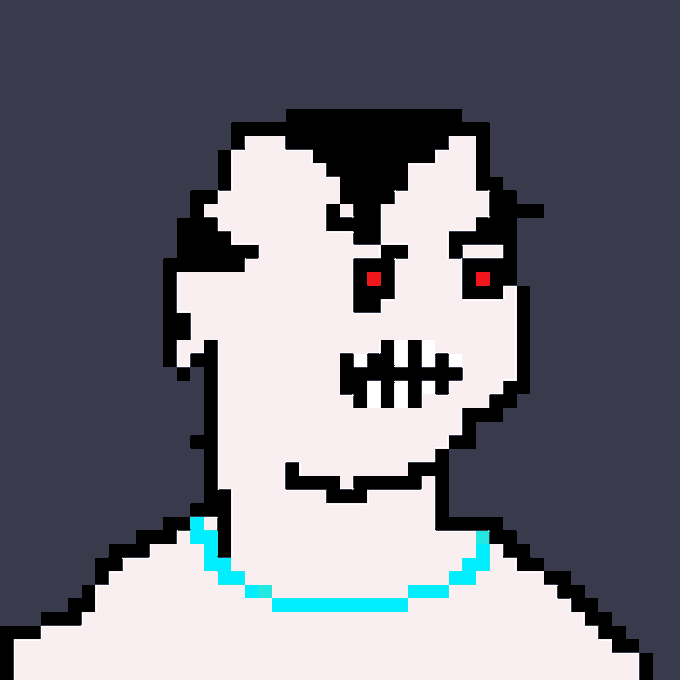 A pixel art illustration of a pale zombie-like character with red eyes, a stitched mouth, dark hair, and a cyan beaded necklace against a dark purple background.