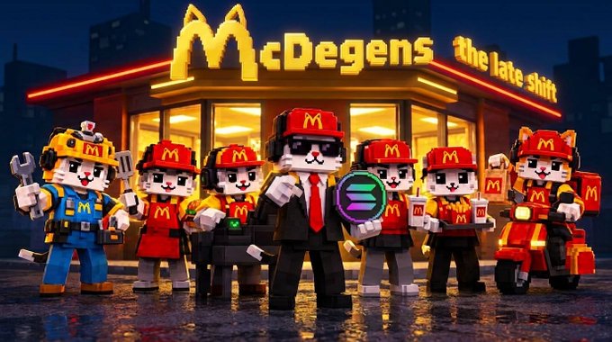 A pixel art style image showing LEGO-like cat characters dressed in McDonald's employee uniforms standing in front of a 'McDegens the late shift' restaurant at night.
