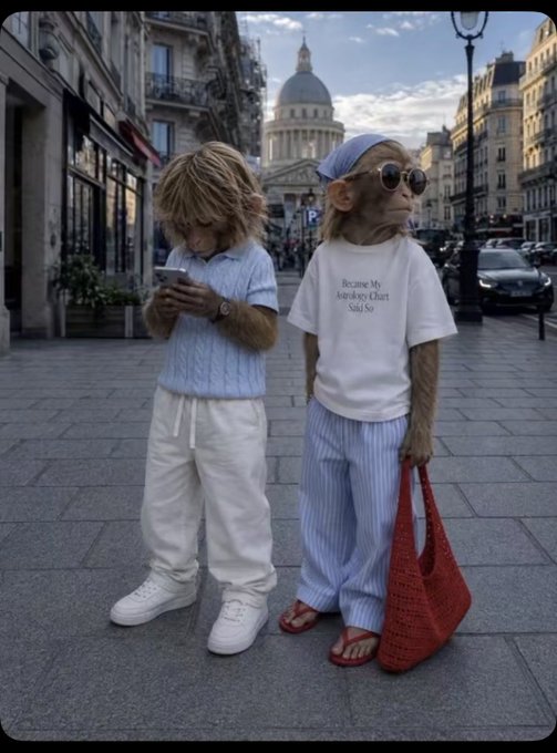 Two creatures/figures standing on a Parisian street with classical architecture in the background; one wears a blue cable knit sweater and white pants looking at a phone, while the other wears a white 'Become My Anywhere Client' t-shirt, blue headband, sunglasses, and carries a red woven bag.