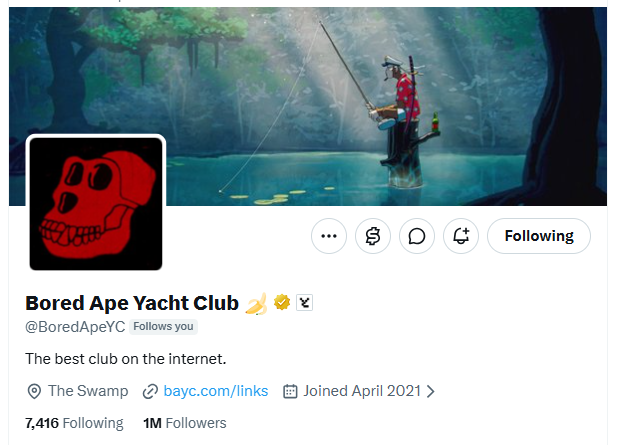 A Twitter/X profile for 'Bored Ape Yacht Club' (@BoredApeYC) showing 1M followers with a banner featuring an ape fishing.