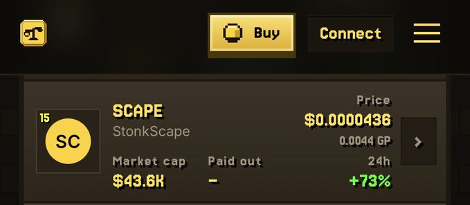 A cryptocurrency or token marketplace interface showing 'SCAPE' (StonkScape) priced at $0.0000436 with a market cap of $43.6K and a +73% gain over 24h.