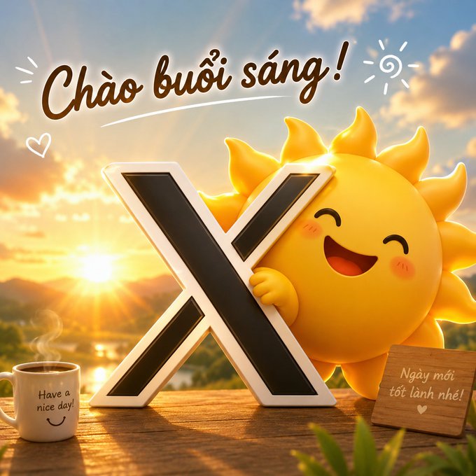 A cheerful morning greeting graphic with a cute cartoon sun hugging a large letter 'X', the text 'Chào buổi sáng!' (Good morning!) in Vietnamese, a steaming mug saying 'Have a nice day!', and a wooden sign reading 'Ngày mới tốt lành nhé!' (Have a wonderful new day!).