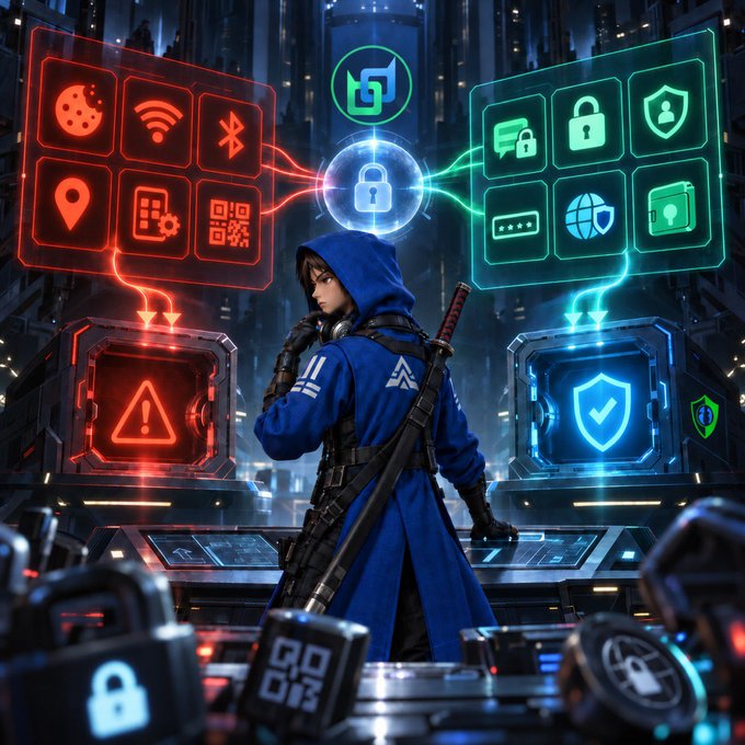 Digital artwork of a hooded figure in a blue coat standing before glowing red and cyan holographic interfaces displaying security icons, locks, and warning symbols in a futuristic city.
