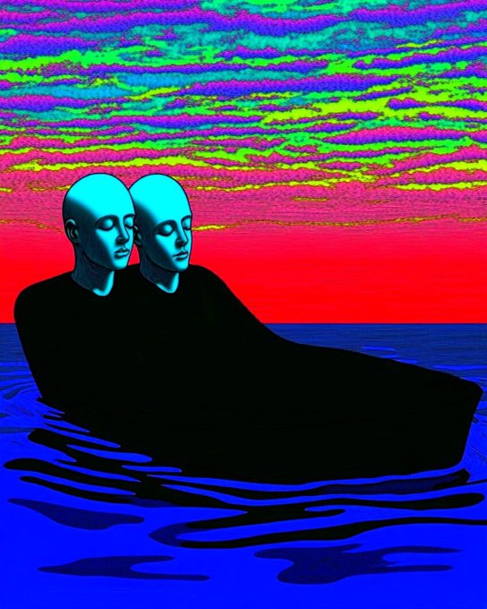 Two serene, teal-skinned figures emerge from a dark, boat-like silhouette floating on deep blue water beneath a vivid red and neon-clouded sky, embodying the peaceful, meditative state the post urges traders to cultivate through disciplined rest.