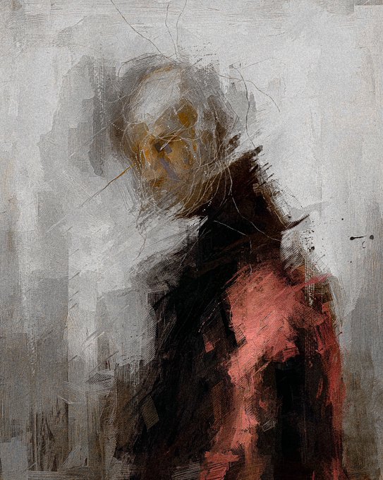 An abstract expressionist painting of a figure with a sketchy, scribbled face against a muted gray background, featuring dark clothing and a striking patch of red/pink.