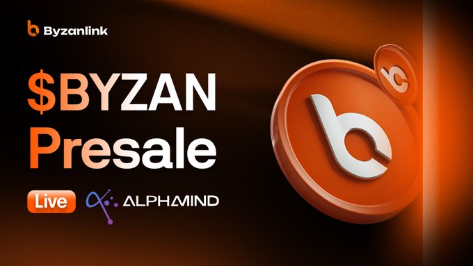 Promotional graphic for the "$BYZAN Presale" by Byzanlink, featuring an orange and dark background with a 3D coin logo and an "ALPHAMIND Live" badge.
