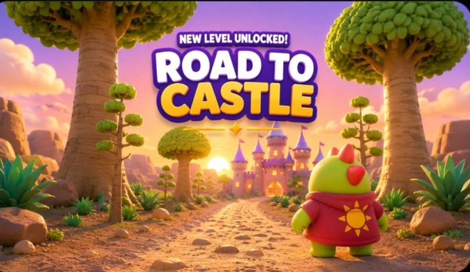 A video game promotional graphic displays 'NEW LEVEL UNLOCKED! ROAD TO CASTLE' featuring a green character in a red hoodie walking toward a pink castle.