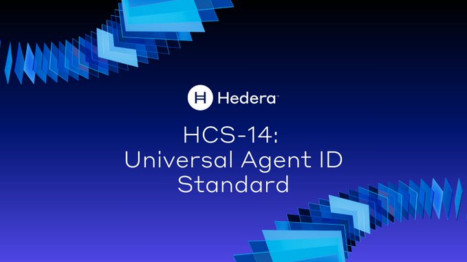 A dark blue graphic from Hedera announcing 'HCS-14: Universal Agent ID Standard' with layered geometric chevron designs.