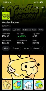A mobile screenshot of a token tracking app showing "Yoodles Reborn" with a floor price of $564.62, 348 items, and cartoon noodle characters against a dark green background.