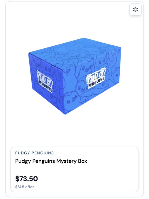 Product listing for a 'Pudgy Penguins Mystery Box' priced at $73.50 with a $61.50 offer, showing a blue box with penguin character illustrations.