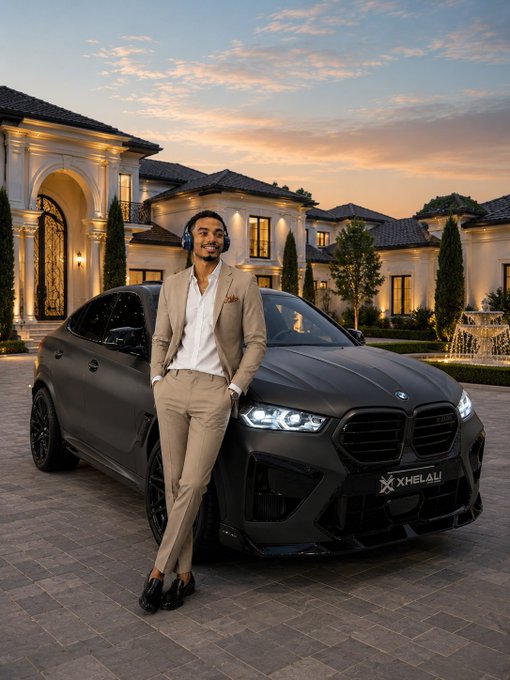 A man in a tan suit with headphones leaning against a matte black BMW SUV in front of a large mansion, with 'XHELALI' visible on the license plate.