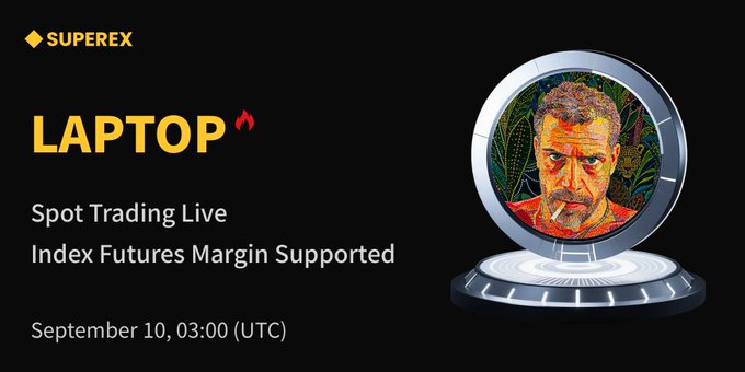 A SuperEx promotional graphic announcing the new listing of the LAPTOP meme token (tied to Hunter Biden), featuring spot trading and index futures margin support starting September 10 at 03:00 UTC, alongside a stylized illustration of a man within a futuristic circular frame.