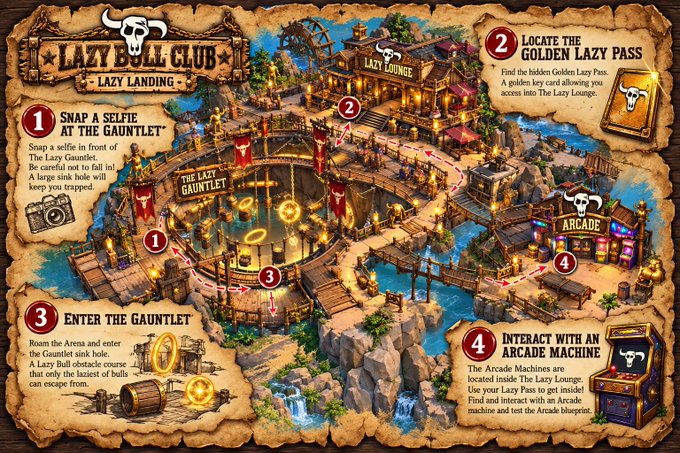 A fantasy treasure map titled 'Lazy Bull Club - Lazy Landing,' guiding visitors through four steps: snapping a selfie at the Gauntlet, locating a Golden Lazy Pass, entering the Gauntlet, and interacting with an Arcade Machine.