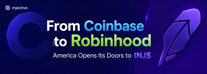 A promotional banner for Injective featuring the headline "From Coinbase to Robinhood: America Opens Its Doors to INJ," with a stylized purple "I" logo on a dark blue background, visually reinforcing the post's announcement of INJ's expanding U.S. exchange listings and growing momentum in July.