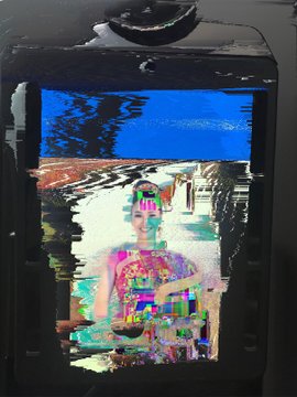 A glitching NFT portrait of a figure in a vibrant, pixelated shirt set against a fragmented landscape with a bright blue sky, displayed on a dark device screen. The distortion effect complements the artist's caption referencing their first glitch artwork, a photo from a trip to Thailand.