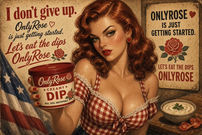 A vintage-style pin-up illustration of a woman holding a container of 'OnlyRose' dip, with promotional text reading 'I don't give up. OnlyRose is just getting started. Let's eat the dips OnlyRose.'