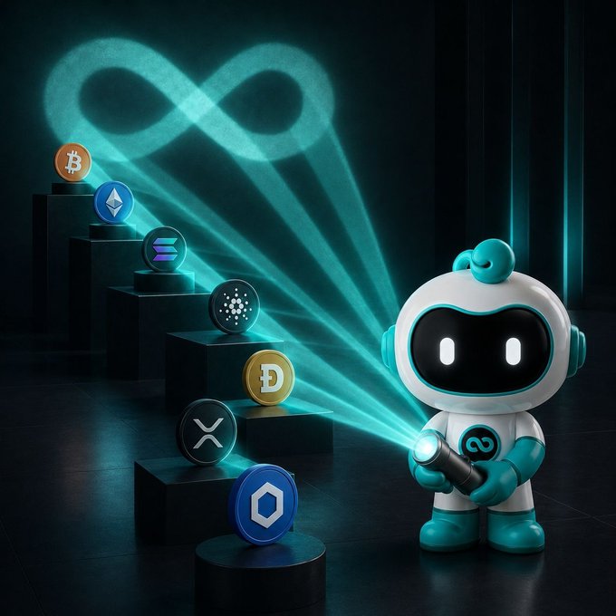 A cute teal and white robot mascot holds a flashlight, projecting a glowing infinity symbol "∞" onto a staircase displaying various cryptocurrency tokens including Bitcoin (₿), Ethereum (Ξ), Dogecoin (Ð), XRP, Chainlink (⬡), Cardano, and Solana. The image ties to the post's theme of limitless possibilities, suggesting that Zoomex illuminates an infinite world of crypto asset opportunities.