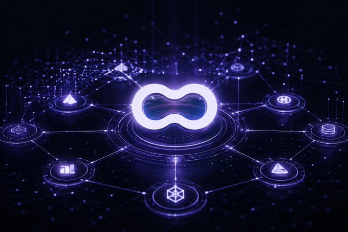 A futuristic digital illustration showing a glowing white infinity symbol in the center, surrounded by a network of connected hexagonal nodes and icons on a dark purple background.