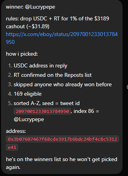 A screenshot of a Twitter post showing the winner of a USDC giveaway, with rules, the winner's wallet address, and explanation of how the winner was picked.