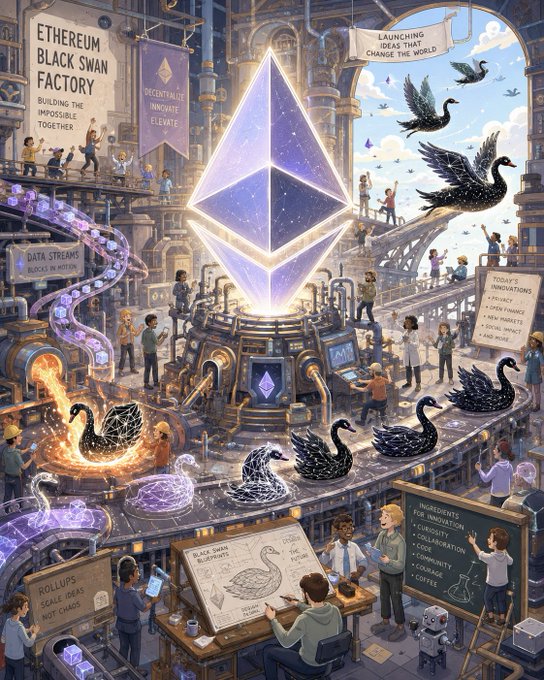 A stylized Ethereum "Black Swan Factory" scene depicts a massive glowing ETH crystal at the center of a bustling steampunk workshop, with labels like "Ethereum Black Swan Factory - Building the Impossible Together," "Decentralize Innovate Elevate," "Data Streams Blocks in Motion," "Launching Ideas That Change the World," and "Today's Innovations" surrounded by black swan figures and inventors.

The illustration visually mirrors the post's message by portraying Ethereum as a creative engine that turns bold, "black swan" ideas into reality—emphasizing the relentless stream of L1 and L2 innovation that the author says will keep catching the market off guard.
