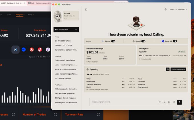A desktop screen shows a School of PT AI dashboard over trading charts, with text including “I heard your voice in my head. Calling.” and earnings metrics such as “Deskfish earnings $101.01.”