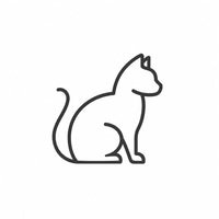 A simple black line drawing of a sitting cat with its tail curled around its body on a white background.