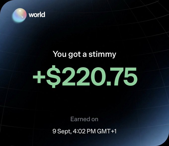 A screenshot from World.xyz announcing a "stimmy" reward of +$220.75 earned on September 9th at 4:02 PM GMT+1. The image serves as proof of the free cash airdrop users can reportedly receive after signing up via a referral link and making a small initial trade, matching the post's claims about the surprise reward.