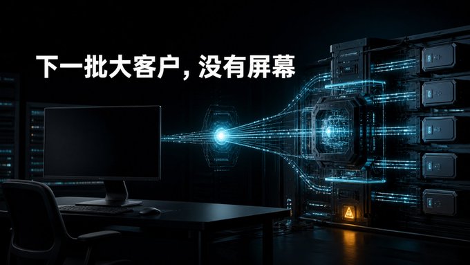 A computer setup next to glowing blue servers with Chinese text reading '下一批大客户，没有屏幕'.
