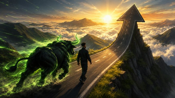 A man walks alongside a glowing green bull on an ascending arrow-shaped road toward a sunrise, symbolizing bullish momentum and the launch of the $ANSEM token, with the imagery reinforcing the post's message of following a rising opportunity.