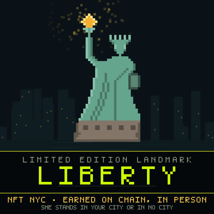 A pixel-art Statue of Liberty stands before a dark city skyline, with the text “LIMITED EDITION LANDMARK,” “LIBERTY,” and “NFT NYC • EARNED ON CHAIN, IN PERSON.” It promotes CityOfStonks’ NFT NYC event and its dynamic, wallet-specific pixel-city experiment, where participants can win five keys.