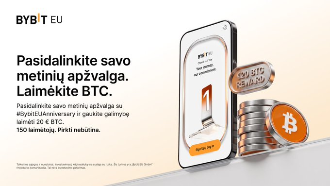 A Bybit EU promotional banner reading 'Pasidalinkite savo metiniu apžvalga. Laimėkite BTC' (Share your annual review. Win BTC), showing a smartphone interface and stacked Bitcoin rewards worth €20.