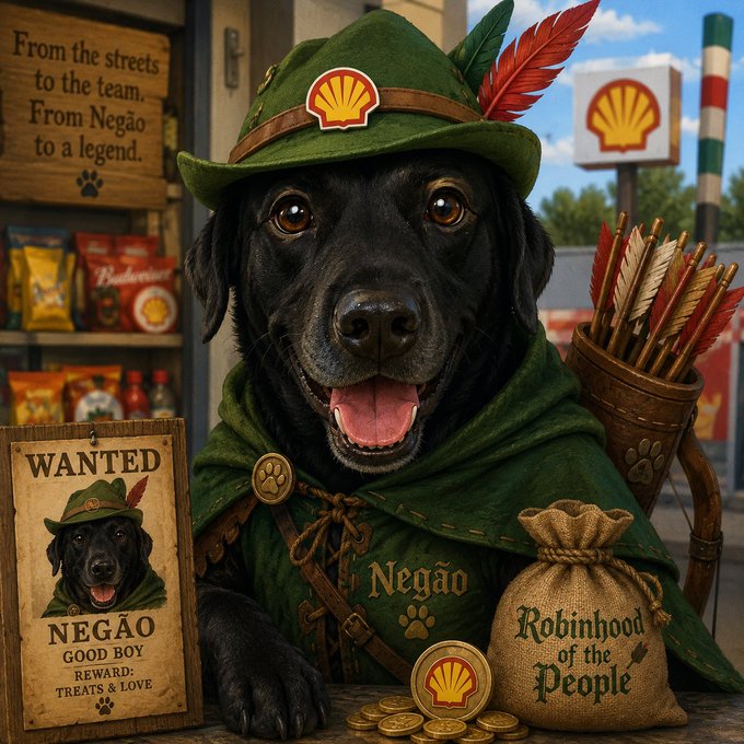 An AI-generated image of a black dog named 'Negão' dressed as Robin Hood in a green hat with a Shell logo, featuring a 'WANTED' poster reading 'NEGÃO GOOD BOY' and a money bag labeled 'Robinhood of the People'.