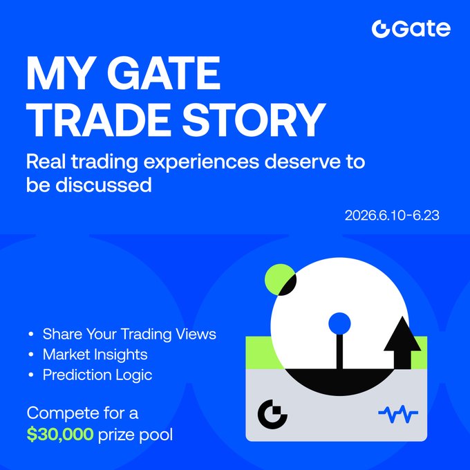 The image features a poster or brochure with blue background that displays text about a trade story. The text includes information about the importance of the trade being discussed, which seems to be related to trading stories or market insights shared by others on social media platforms like Twitter and Instagram. The logo for Gate Trade Publishing is present in the lower left corner of the image. Additionally, there are three circles with different sizes arranged horizontally across the poster's width. These circles could represent various elements within the trade story being discussed, such as the trading views that influenced the decision or lessons learned from the experience.
