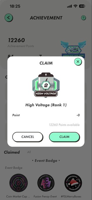 A mobile app screenshot titled "ACHIEVEMENT" showing 12,260 Achievement Points and a claim pop-up for the "High Voltage (Rank 1)" badge with CANCEL and CLAIM buttons, along with event badges including "Coin Market Cap," "Fusion Frenzy Event," and "FSLMerryBoxes."