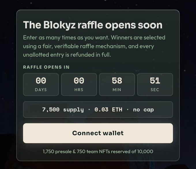 A promotional screen for 'The Blokyz raffle opens soon' with a countdown timer showing 00 days, 00 hours, 58 minutes, and 51 seconds, priced at 0.03 ETH.