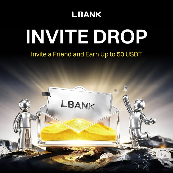 The image features a promotional graphic for "LBank" advertising their "INVITE DROP" campaign with the tagline "Invite a Friend and Earn Up to 50 USDT." It depicts one silver character opening a treasure chest filled with gold sand, revealing a card with the "LBANK" logo, while a second silver character excitedly throws coins in the air. The visuals reinforce the post's message about earning referral rewards by inviting friends to the platform.