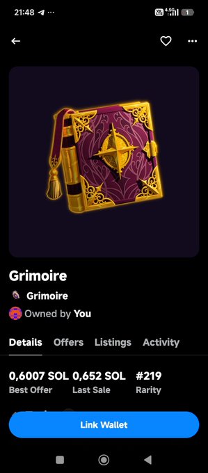 A mobile NFT marketplace listing for a 'Grimoire' digital item, showing a purple and gold ornate book with a cross emblem. The item is priced at 0.6007 SOL best offer, 0.652 SOL last sale, rarity #219, with a 'Link Wallet' button visible.
