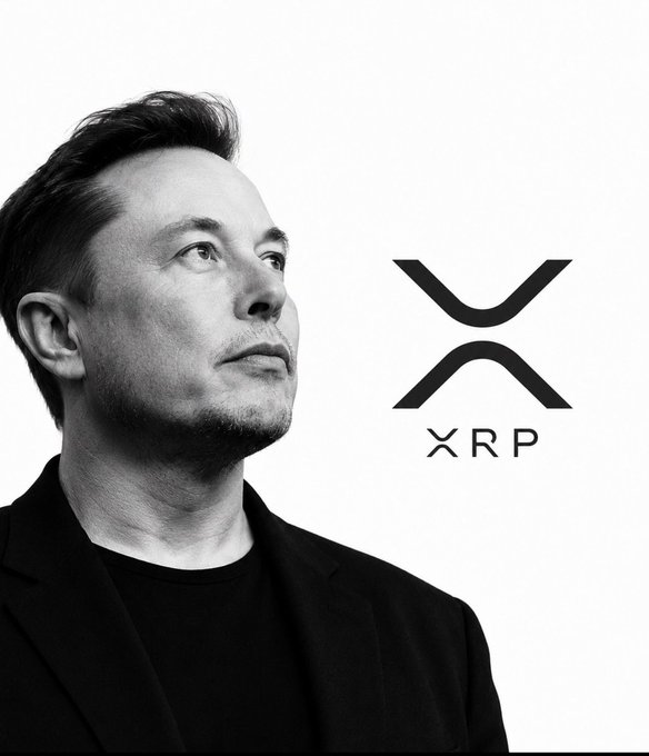 A black and white image features a serious-looking Elon Musk in a black suit alongside the XRP cryptocurrency logo, suggesting an association between the two.