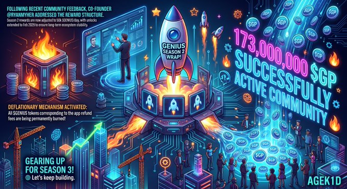 A promotional graphic celebrating 173,000 $GP tokens successfully distributed, featuring 'GENIUS SEASON 2 WRAP!' and referencing the AGENDA 2026 ecosystem stability.