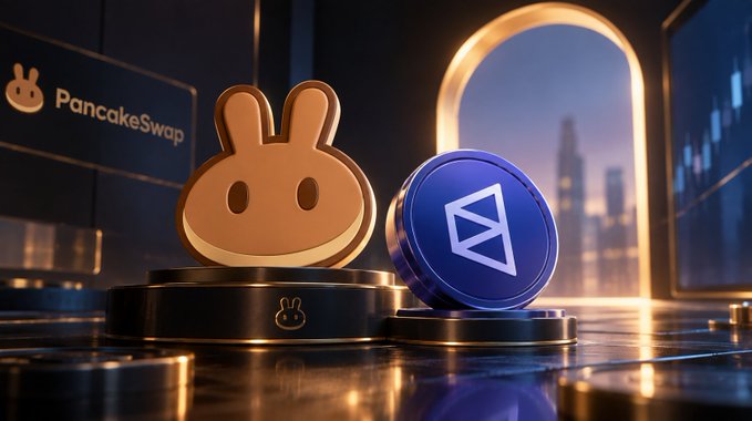 A 3D-rendered promotional image featuring a golden PancakeSwap rabbit logo alongside a blue cryptocurrency token, set against a futuristic cityscape with an arched window backdrop.