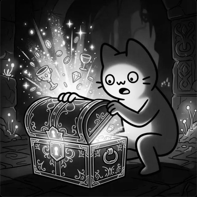 A black-and-white illustration of a startled cartoon cat discovering an ornate treasure chest overflowing with glowing gems and coins in a dark cave.