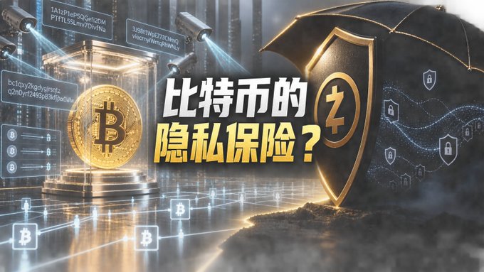 A graphic featuring a gold Bitcoin in a glass case and a black shield with a "Z" symbol, accompanied by Chinese text that translates to "Bitcoin's Privacy Insurance?"